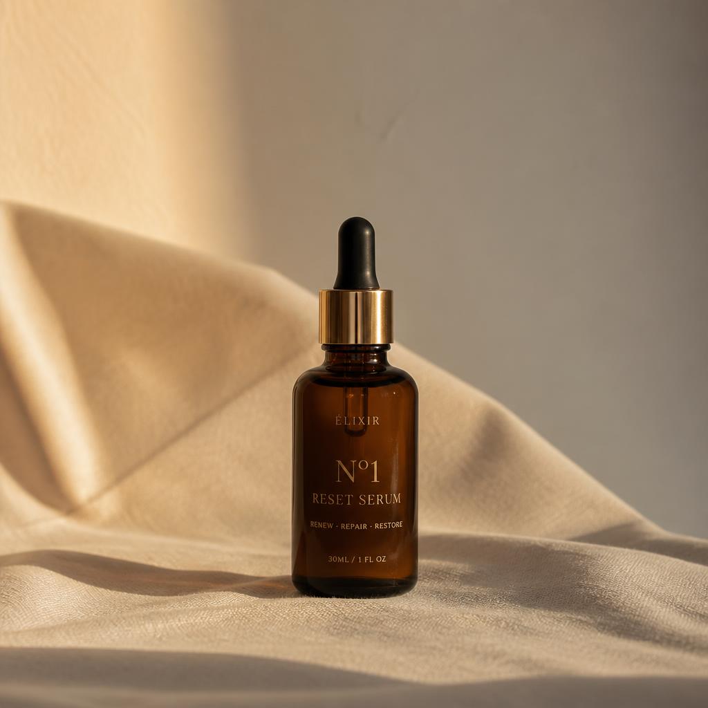 Amber glass dropper on soft linen